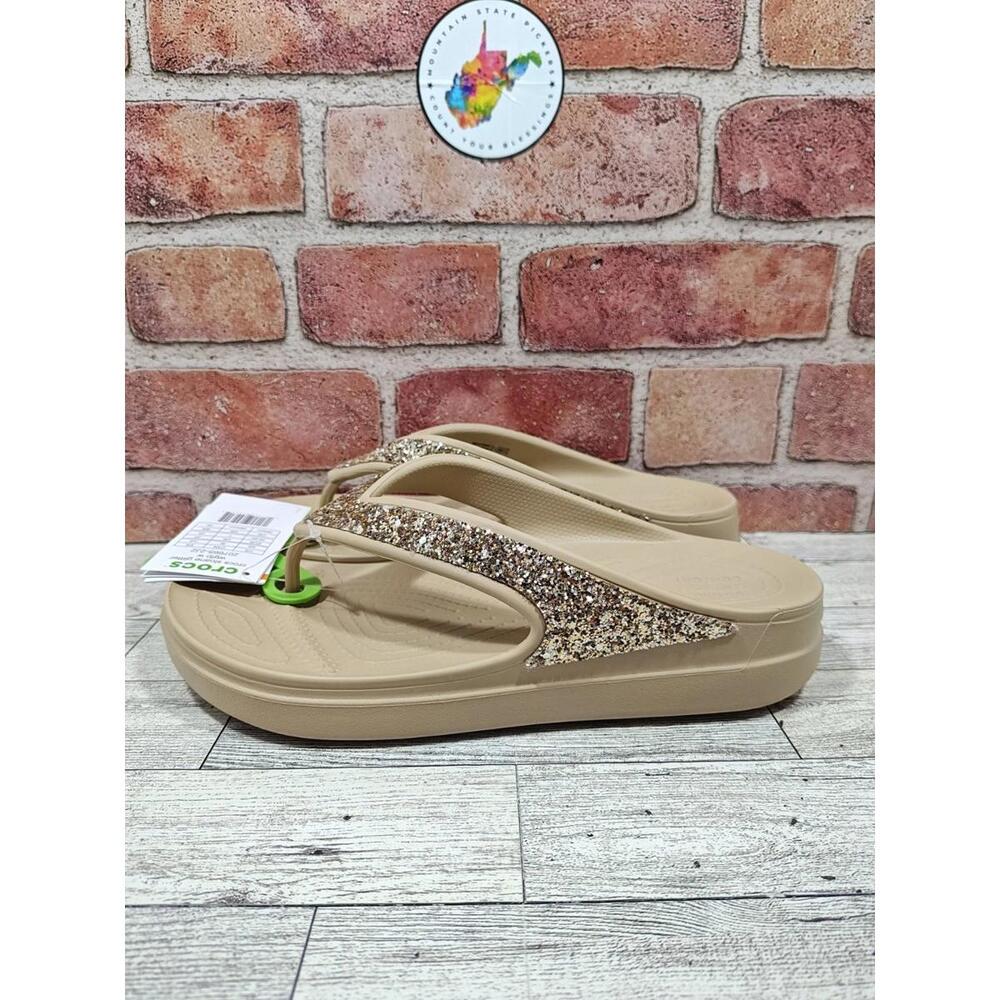 Crocs Sloane Glitter Women's Size 9 Beige Wedge Flip 207665-2J2 NWT